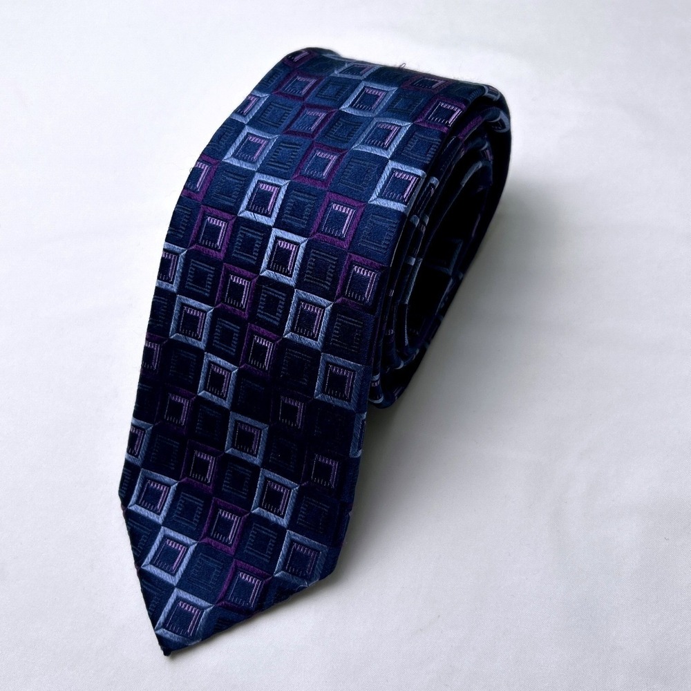 Michael Kors Mens 62" Necktie Blue Purple Geometric Square 100% Silk Office